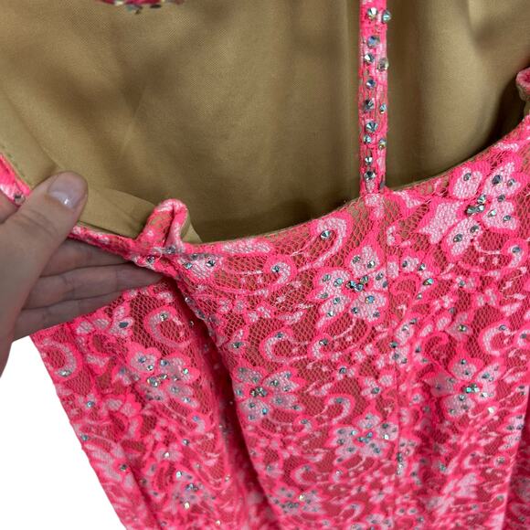 Jovani Pink Lace Halter Rhinestone Embellished Evening Gown 14 AS IS ALTERED - Picture 4 of 12